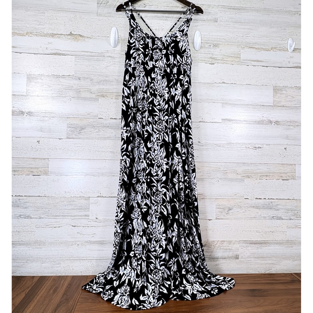 Ann Taylor LOFT Maxi Dress Womens Medium Black White Floral Strappy Chic Boho